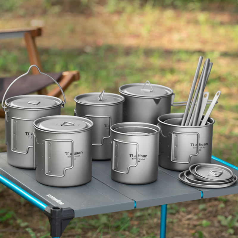 Camping Cooking Set Stainless Steel - Tiartisan Outdoor Titanium Lightweight Portable Tea
