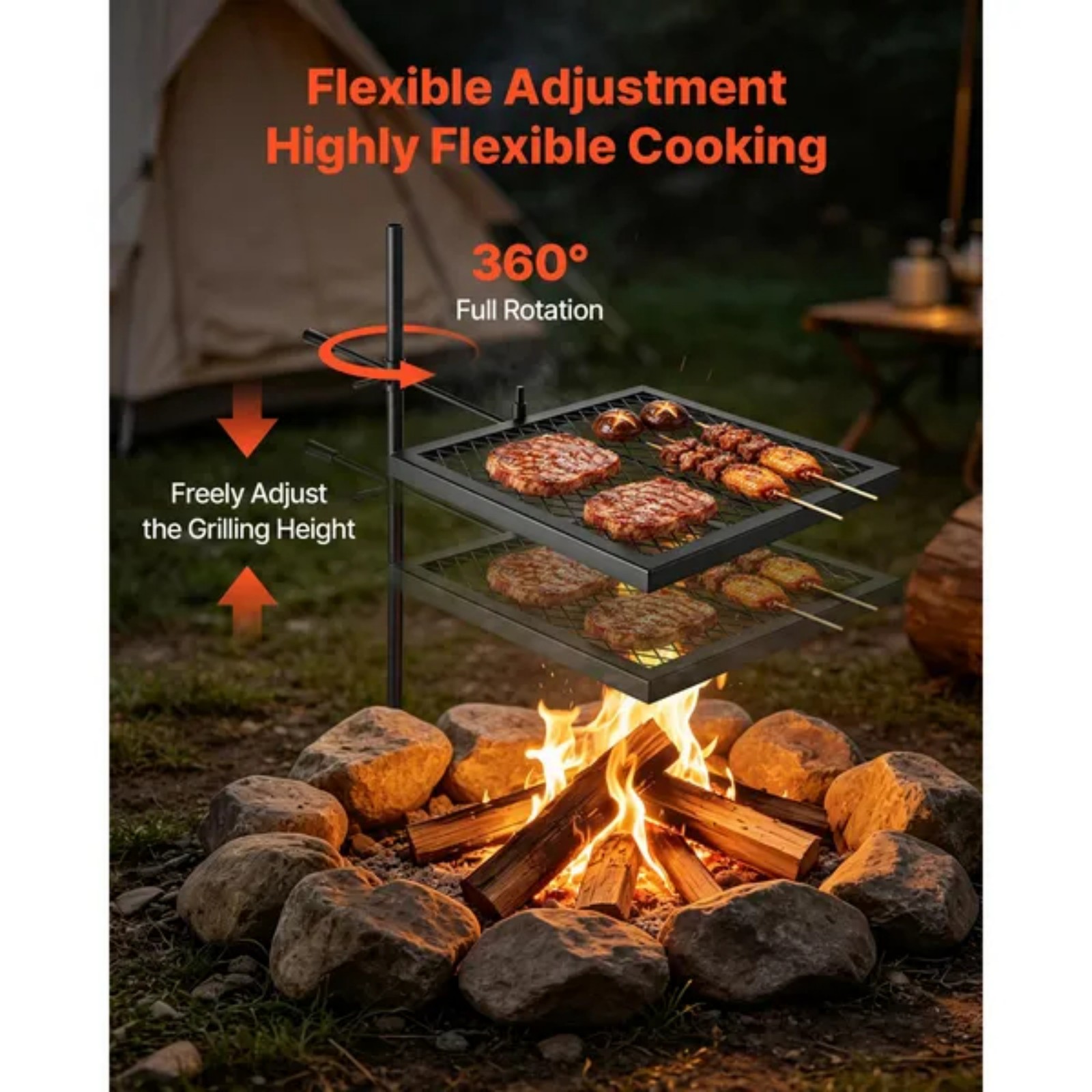 Camping Cooking Over Fire - Heavy Duty Swivel Campfire Grill, 16